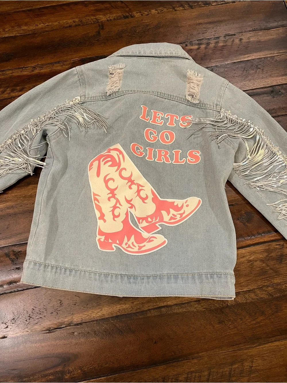 Girls' Fringe Denim Jacket - 'Lets Go Girls'